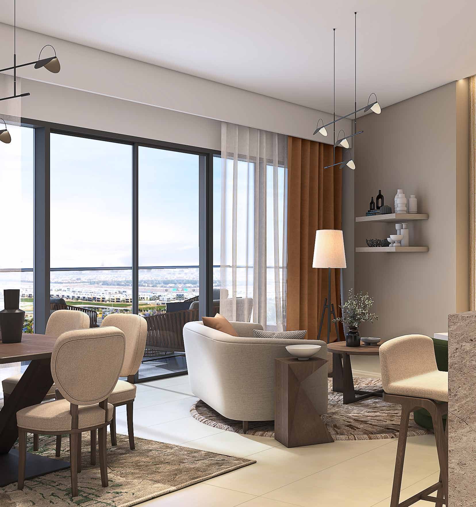 Living and dining area inside a DAMAC apartment with balcony views